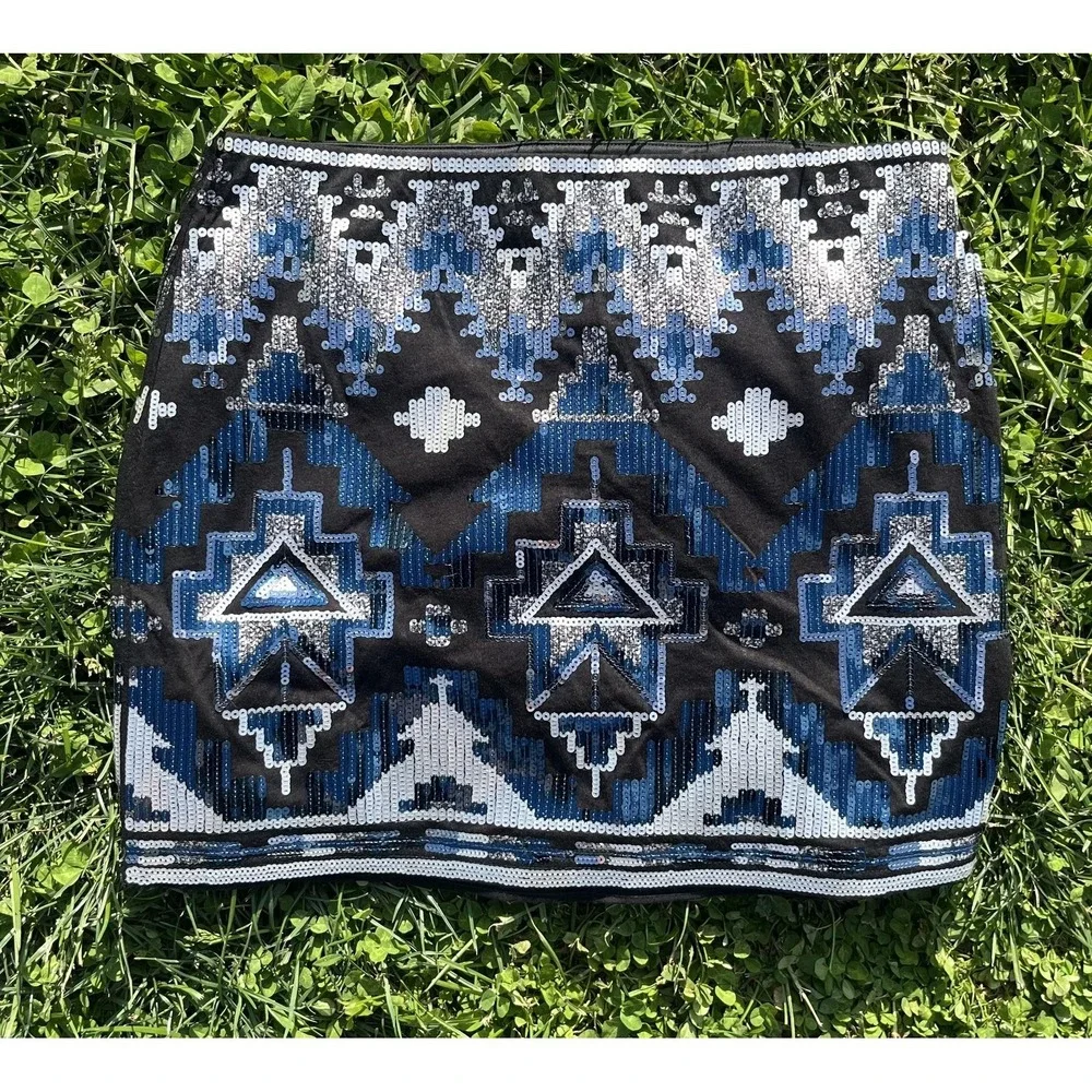 Express Sequin Mini Skirt XS Black Blue Geometric Aztec‎ Bodycon Lined Festival